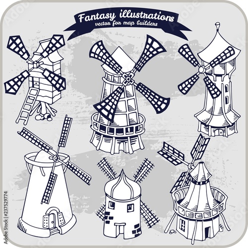 Fantasy illustration of Windmill for map building in hand draw vector format, black and whit, monochrome photo