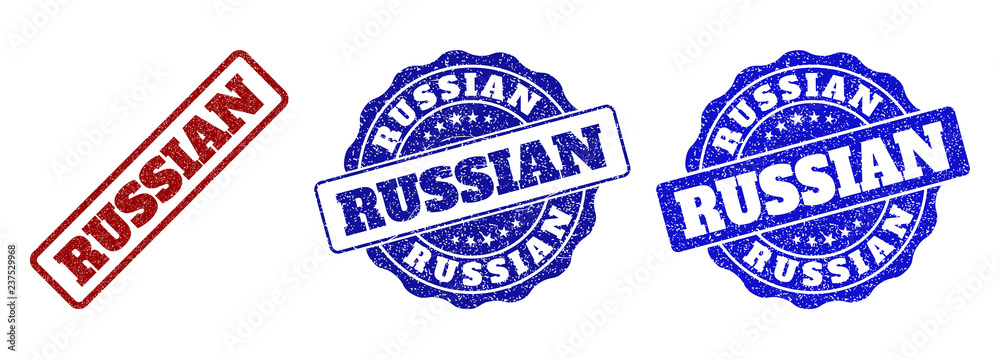 Obraz premium RUSSIAN scratched stamp seals in red and blue colors. Vector RUSSIAN signs with distress texture. Graphic elements are rounded rectangles, rosettes, circles and text captions.
