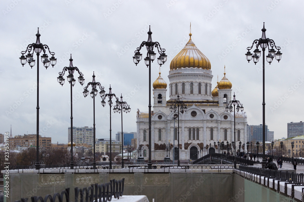 Church of Christ the Savior in winter on a cloudy day, in dark colors, Orthodoxy, Russia