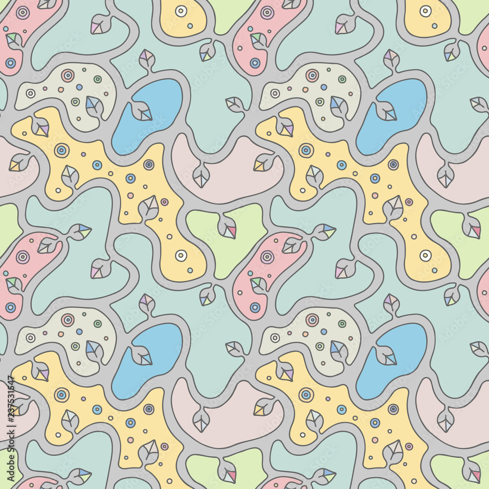 Fototapeta premium Seamless vector colorful hand drawn pattern with branch, leaves, dots. Abstract infinite tree. Graphic colorless illustration. Print for fabric, background, wallpaper, packeging, wrapping