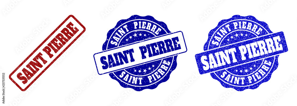 Obraz premium SAINT PIERRE grunge stamp seals in red and blue colors. Vector SAINT PIERRE labels with grainy style. Graphic elements are rounded rectangles, rosettes, circles and text labels.