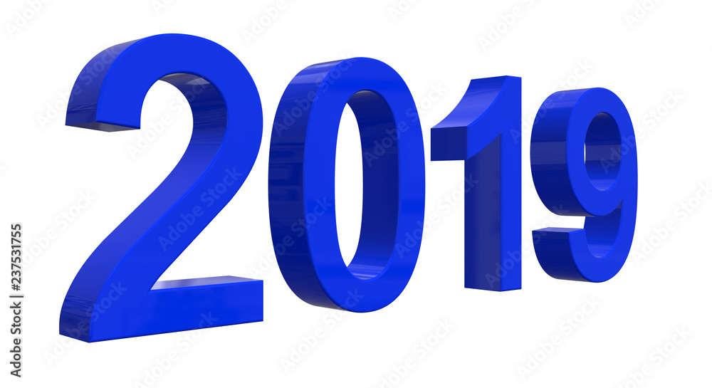 The number of 2019 in shiny blue numbers in front of a white background The number of 2019 in shiny blue numbers in front of a white background