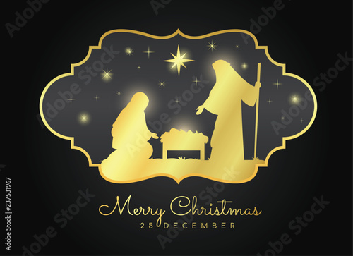 Merry Christmas with Nightly christmas scenery mary and joseph in a manger with baby Jesus in gold vintage frame on black background vector design