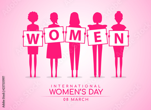 international women day with pink womans hold on banner WOMEN text soft pink background vector design