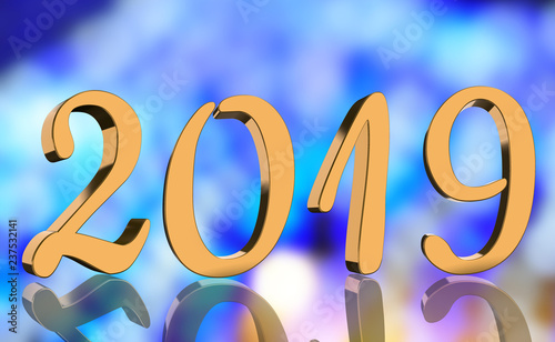 The year 2019 in metallic shining golden numbers with a reflection in front of a colorful background.