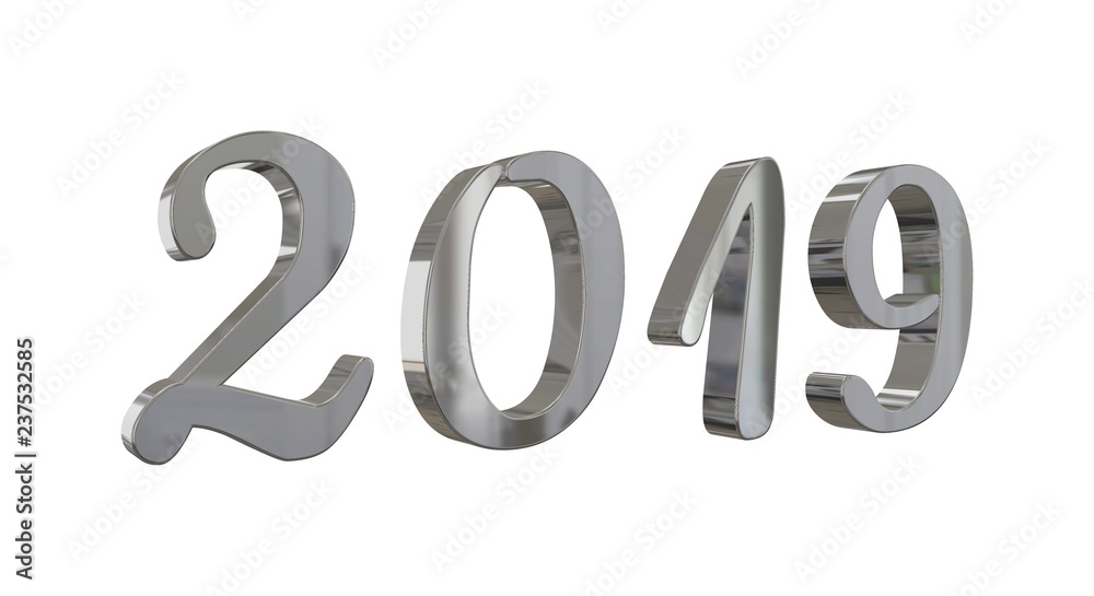 The year 2019 in shiny metallic silver numbers in front of a white background The year 2019 in shiny metallic silver numbers in front of a white background