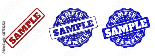 SAMPLE grunge stamp seals in red and blue colors. Vector SAMPLE imprints with scratced effect. Graphic elements are rounded rectangles, rosettes, circles and text labels.