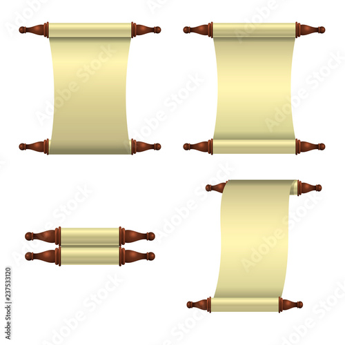 Set of 3 empty scrolls unrolled vertically and a rolled up scroll.