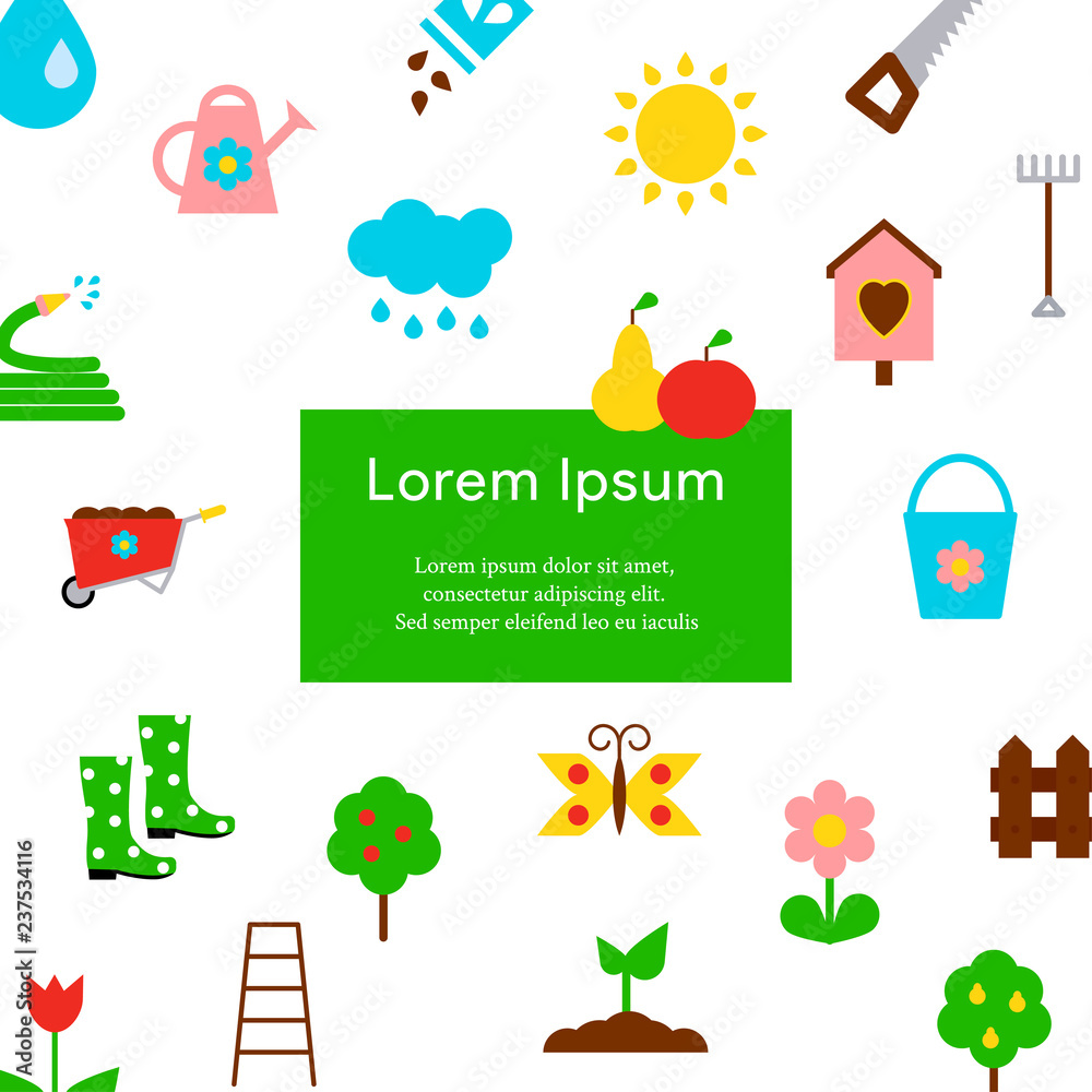 Template for banners, landskape page, cards with garden icons. Vector illustration in flat style Template for banners, landskape page, cards with garden icons. Vector illustration in flat style