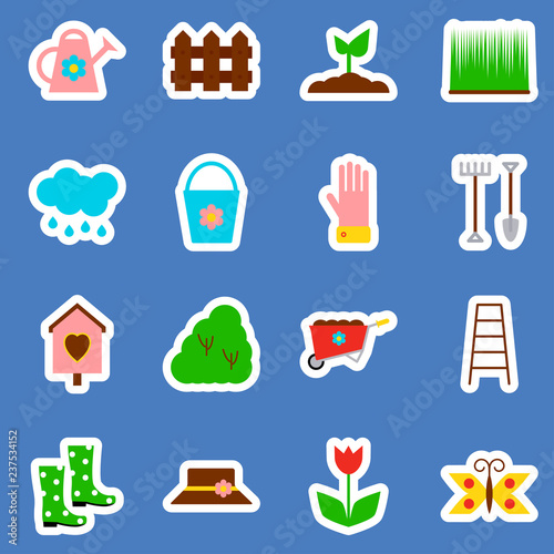 Gardening icon set on blue background. Vector illustration in flat style