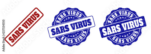 SARS VIRUS grunge stamp seals in red and blue colors. Vector SARS VIRUS watermarks with grunge style. Graphic elements are rounded rectangles, rosettes, circles and text titles.