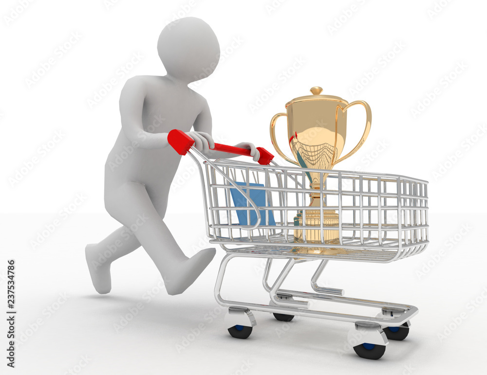 3d person with trophy in the shopping cart 3d person with trophy in the shopping cart