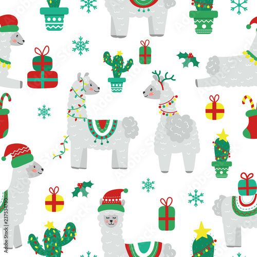 Seamless Christmas pattern. Cute cartoon llama, snowflakes and cactus. Flat illustration.