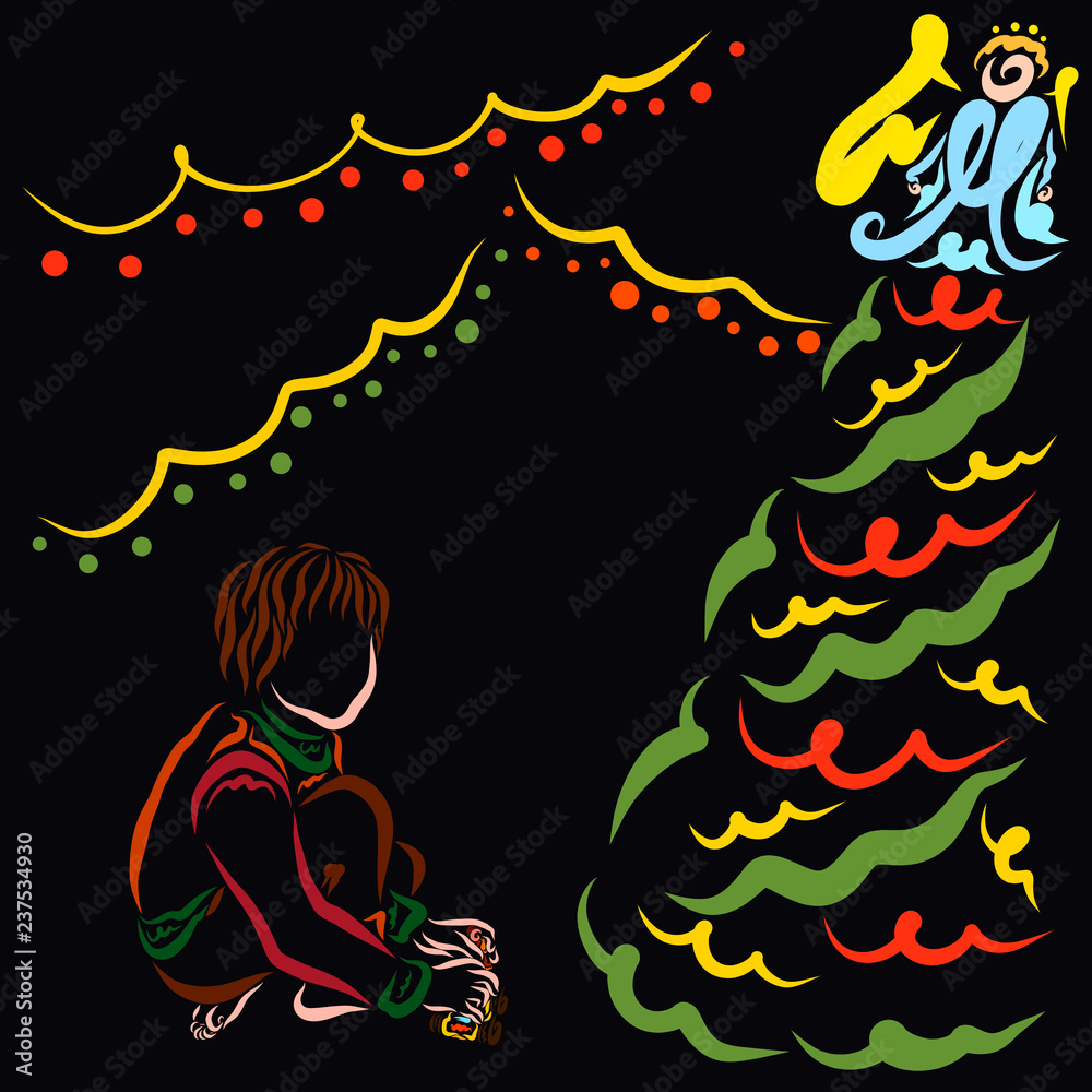 A child who received Christmas podyarki sits next to a decorated Christmas tree