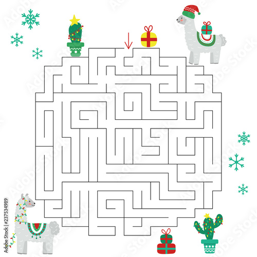 Christmas llama maze game for kids. Educational labyrinth with alpaca, cactus, snowflakes and gifts. Vector illustration.