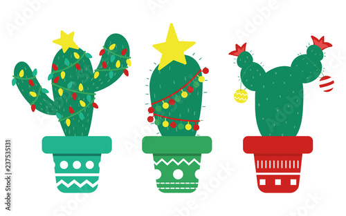 Mexican Christmas cactus with decorations, garland and stars. Plants in pots. Flat style vector illustration.