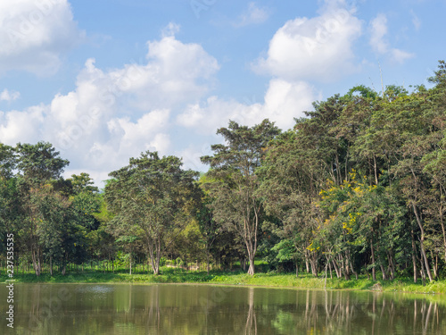 Natural lake with forest in the background and clouds on the sky.