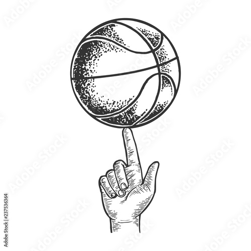 Basketball spinning on finger engraving vector illustration. Scratch board style imitation. Black and white hand drawn image.