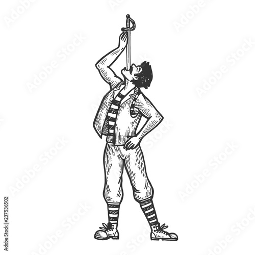 Sword swallowing circus performer engraving vector illustration. Scratch board style imitation. Black and white hand drawn image.