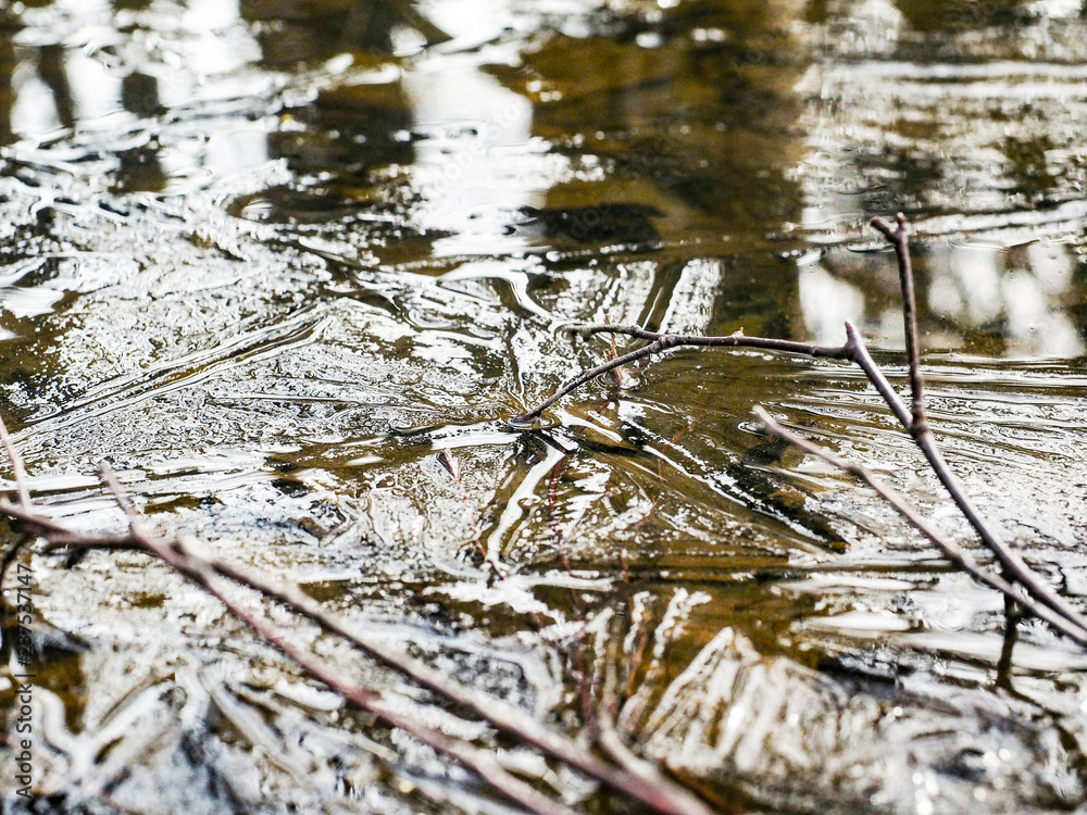 Fototapeta premium Frozen water with beautiful pattern on thin ice at winter