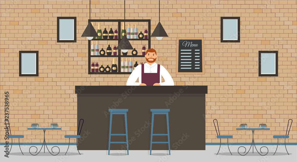 Interior of cafe or bar in loft style. Bar counter, bartender in white shirt and apron,tables, different chairs and shelves with alcohol bottles. Board with menus and pictures. Vector flat Interior of cafe or bar in loft style. Bar counter, bartender in white shirt and apron,tables, different chairs and shelves with alcohol bottles. Board with menus and pictures. Vector flat