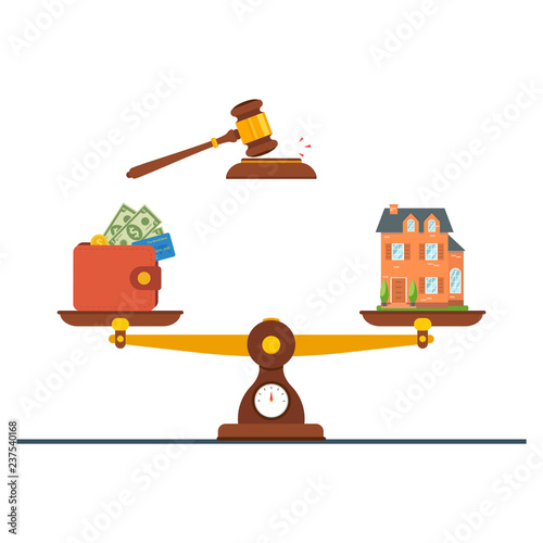 Concept of real estate trading, buying a house, selling real estate. Purchase of real estate, bidding for house, coins, keys, gavel. Vector illustration.