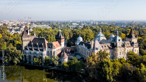 Vajdahunyad castle view from lakeside. Budapest, Hungary Filmed from the drone