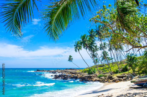Fototapeta Naklejka Na Ścianę i Meble -  Tropical beach on a Sri Lanka's coast, coconut palms, white sand and the azure ocean. Beautiful tropical landscape