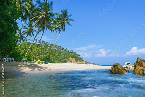 Tropical beach on a Sri Lanka s coast  coconut palms  white sand and the azure ocean. Beautiful tropical landscape