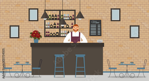 Fototapeta Naklejka Na Ścianę i Meble -  Interior of cafe or bar in loft style. Bar counter, bartender in white shirt and apron, tables, poinsettia,different chairs and shelves with bottles of alcohol. Board with menu and photos. Vector flat