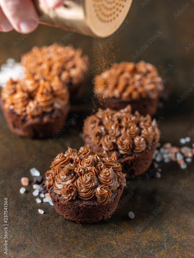 Chocolate cake muffin with cocoa creme on dark moody background. Homemade recipe cooking and baking. Chocolate cake muffin with cocoa creme on dark moody background. Homemade recipe cooking and baking.