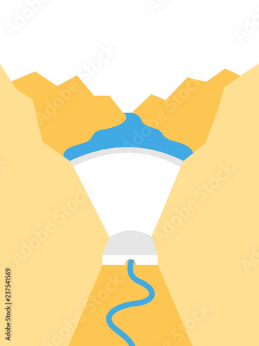 Large arch gravity dam in the canoyn and valley. Water reservoir and hydroelectric plant for electricity. Big wall as barrier to retain water. Vector illustration