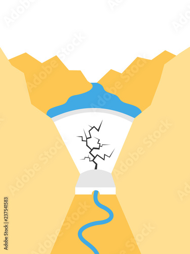 Crack on arch dam - failure of water reservoir and hydroelectric plant. Infrastructure buildign is going to fall and fail. Daner and risk. Vector illustration