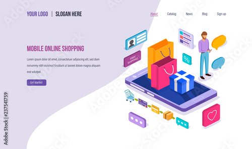 Mobile online shopping. Digital marketing, purchase, buying in online store.