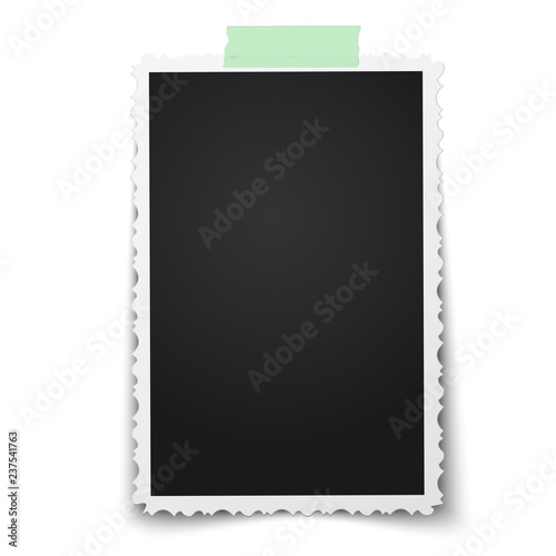 Realistic vector photo frame with retro figured edges on piece of green sticky, adhesive tape placed vertically on white background. Template photo design.