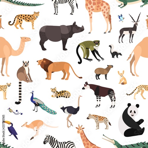 Seamless pattern with exotic animals and birds on white background. Backdrop with wild fauna of African tropical jungle, savannah and desert. Colorful vector illustration in flat cartoon style.