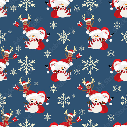 Christmas holiday seamless pattern of Santa claus with red bag, snowman and reindeer wearing scarves and Santa hats holding a gift box on dark blue background with snowflakes. Vector illustration.