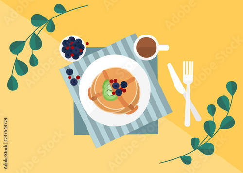 Minimal flat illustrate breakfast blueberry pancake and coffee on yellow table background