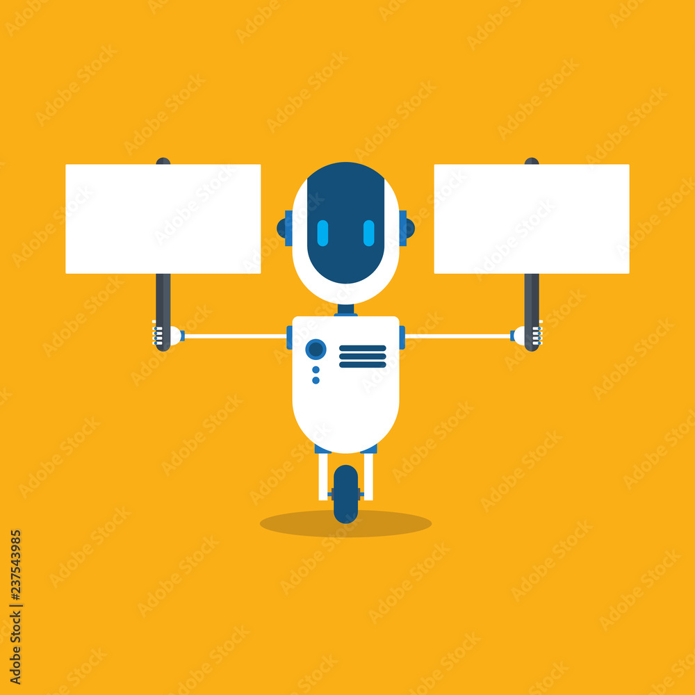 Robot holding empty sign. Modern Robot in flat style. Concept artificial Intelligence. Robot holding empty sign. Modern Robot in flat style. Concept artificial Intelligence.