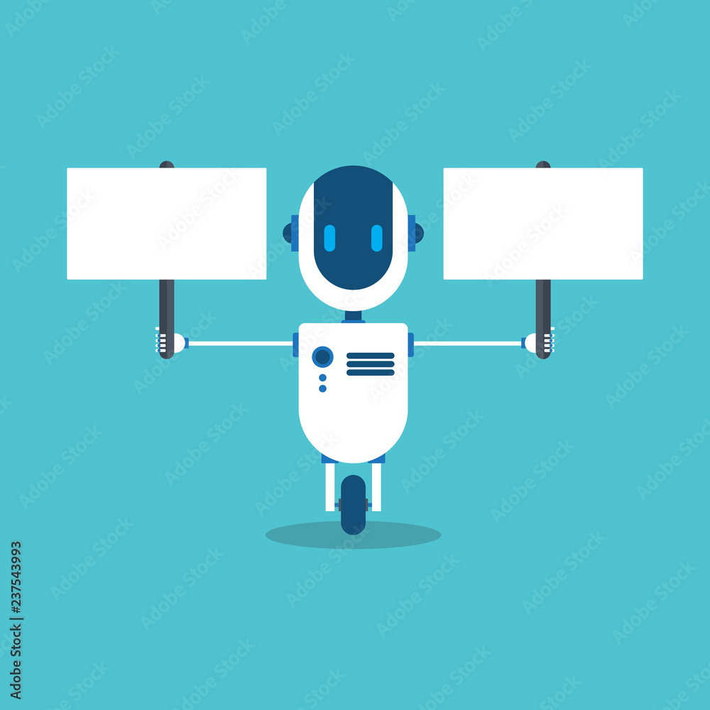 Robot holding empty sign. Modern Robot in flat style. Concept artificial Intelligence. Robot holding empty sign. Modern Robot in flat style. Concept artificial Intelligence.