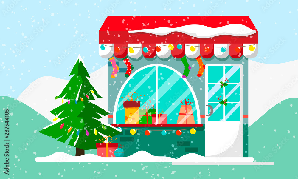 Christmas gift or presents shop.Winter xmas, shopping mall for family. Holiday market for celebration, gift sale building facade exterior view. Flat style illustration