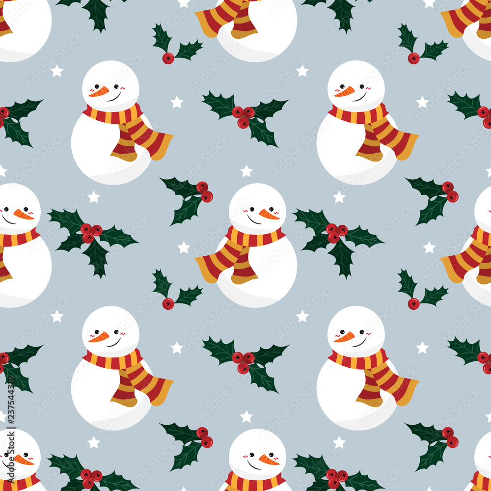 Christmas holiday seamless pattern of happy snowman wearing a scarf with holly berry branches and stars on a light gray background. Vector illustration.
