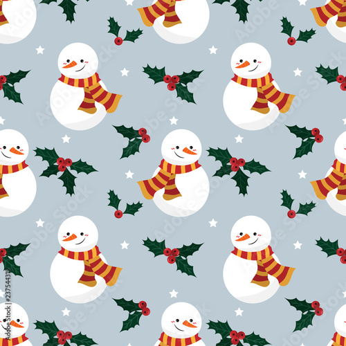 Christmas holiday seamless pattern of happy snowman wearing a scarf with holly berry branches and stars on a light gray background. Vector illustration.