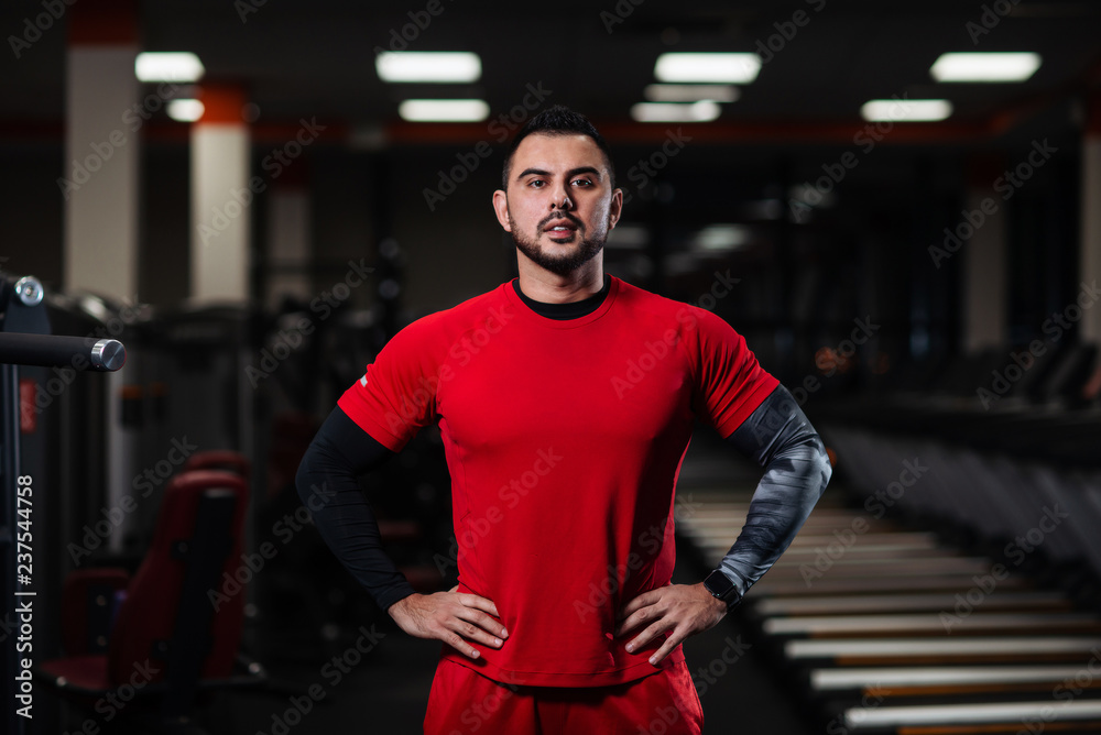 Handsome man with big muscles, posing at the camera in the gym Handsome man with big muscles, posing at the camera in the gym