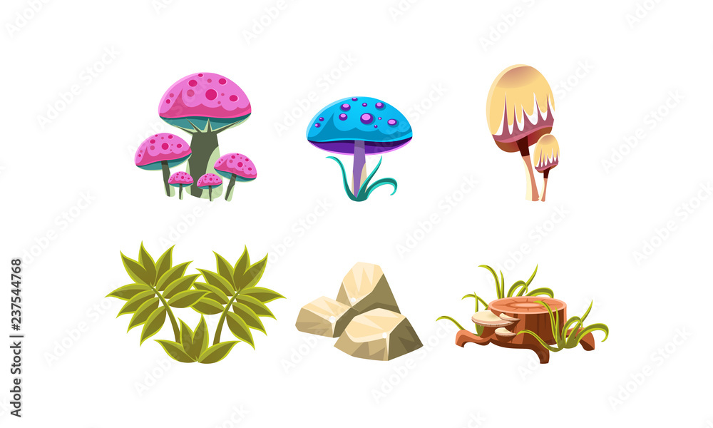 Flat vector set of natural landscape elements for computer or mobile game. Magic mushrooms, green plant, stones and tree stump