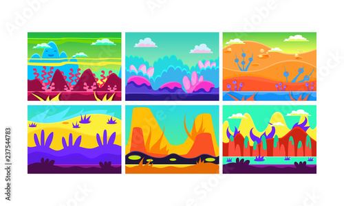 Flat vector set of 6 colorful horizontal landscapes for mobile game. Fantasy world. Cartoon seamless backgrounds.