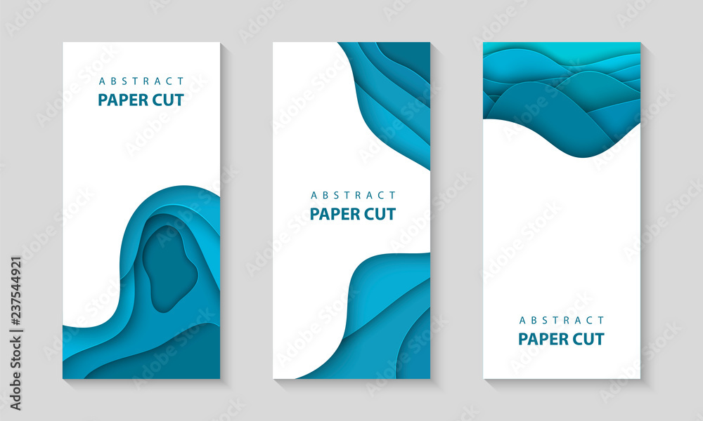 Vector vertical flyers with blue color paper cut waves shapes. 3D abstract paper style, design layout for business presentations, flyers, posters, prints, decoration, cards, brochure cover, banners.