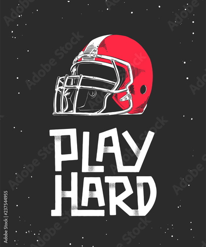 Vector engraved style detailed illustration for posters, decoration and print in vintage style. Hand drawn sketch of red american football helmet, modern lettering with shadows on dark background.