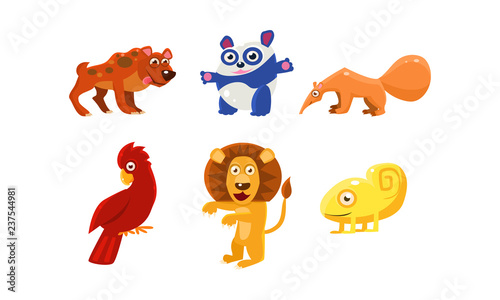 Flat vector set of funny animals. Cartoon characters. Zoo and wildlife theme