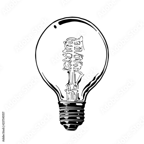 Vector engraved style illustration for posters, logo, emblem, decoration and print. Hand drawn sketch of light bulb in black isolated on white background. Detailed vintage etching style drawing.